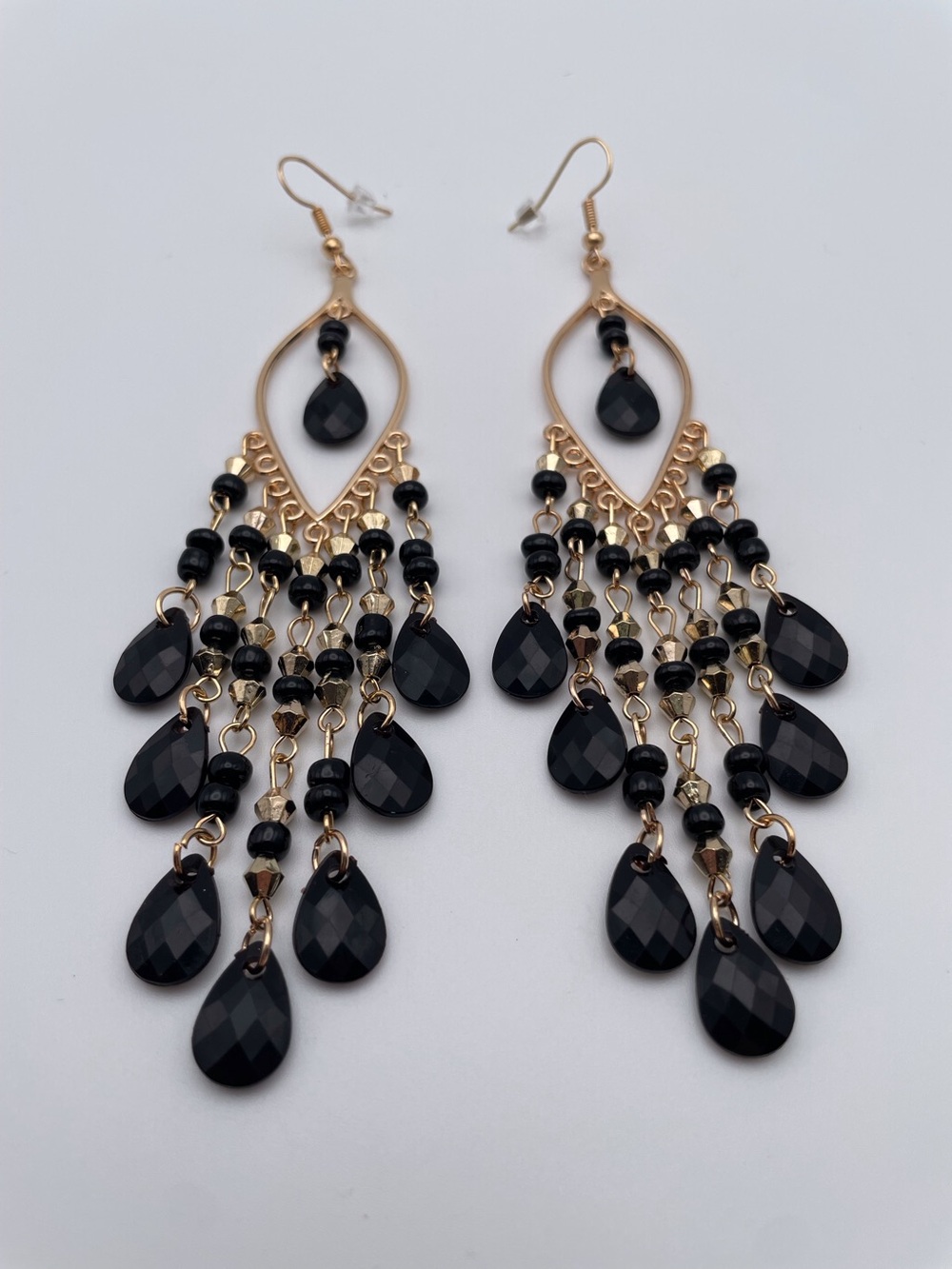 Gold and Black Teardrop Chandelier Earrings - Picture 3 of 12